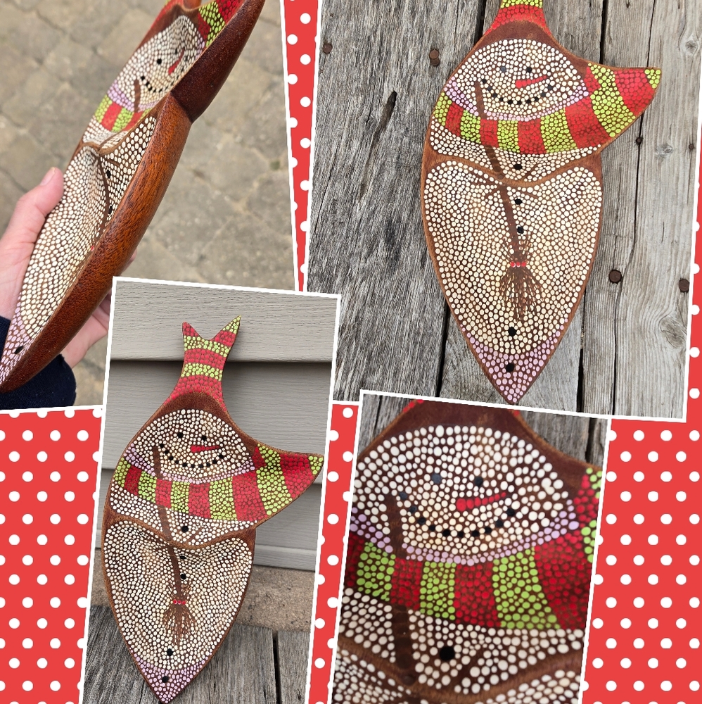 Handpainted snowman on vtg wood dish dot art Christmas decor